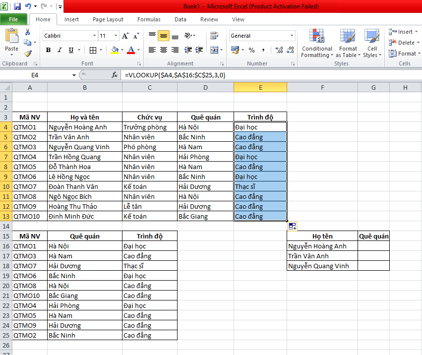 Sử dụng VLOOKUP dò tìm tuyệt đối để lấy dữ liệu