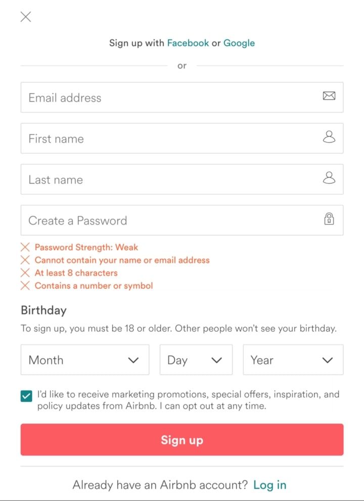 Tham khảo trang đăng nhập Airbnb