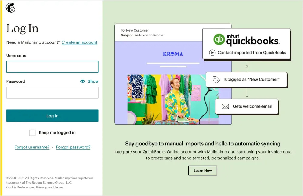 Tham khảo trang đăng nhập Mailchimp