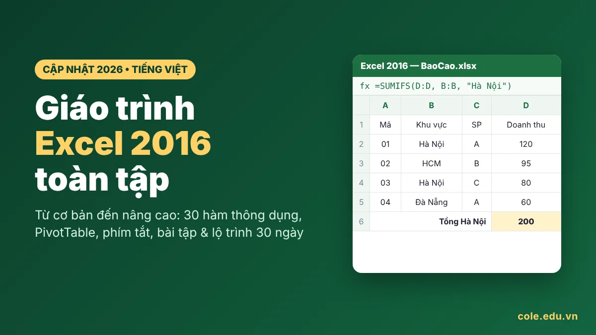 Giáo trình Excel 2016 toàn tập tiếng Việt từ cơ bản đến nâng cao