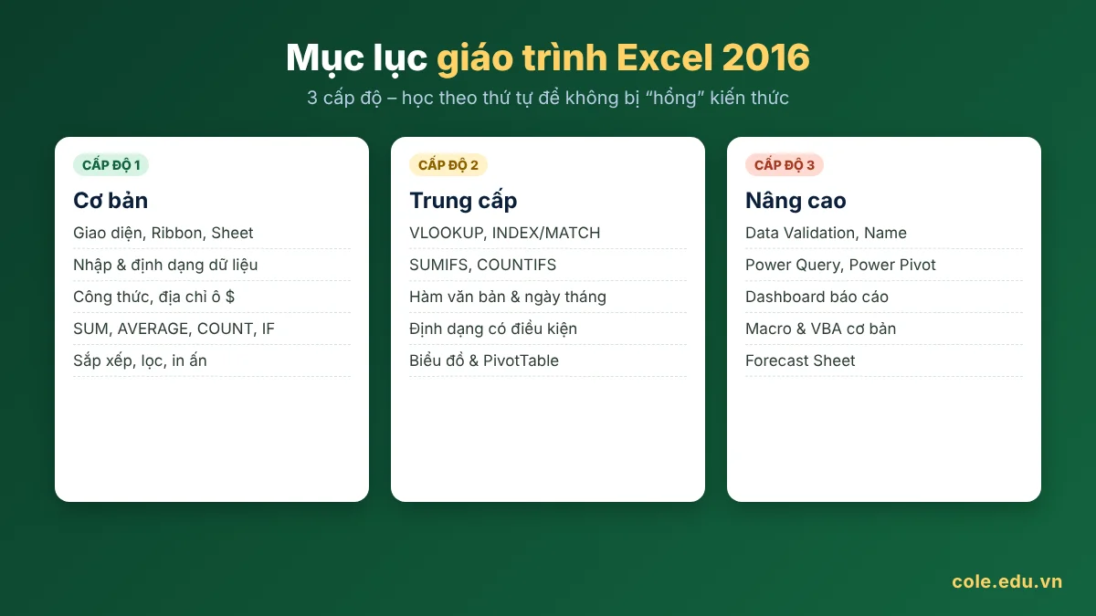Mục lục giáo trình Excel 2016 theo 3 cấp độ